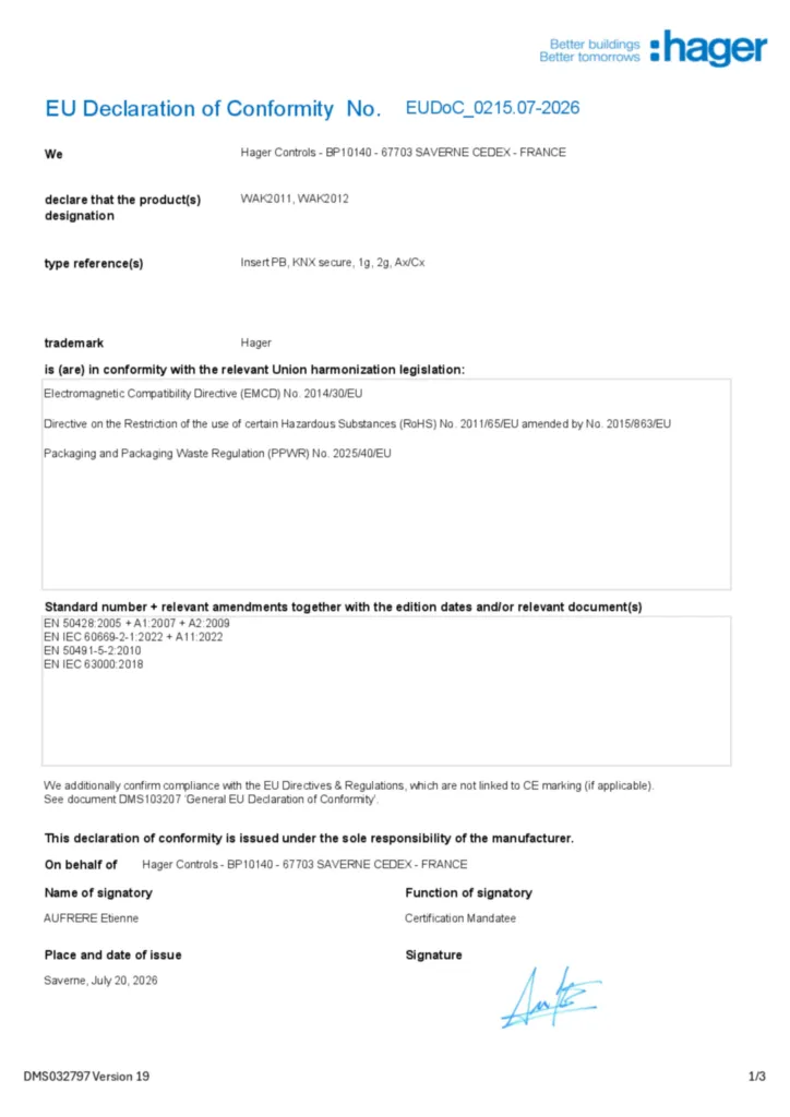 Bild EU Declaration of Conformity | Hager Sverige