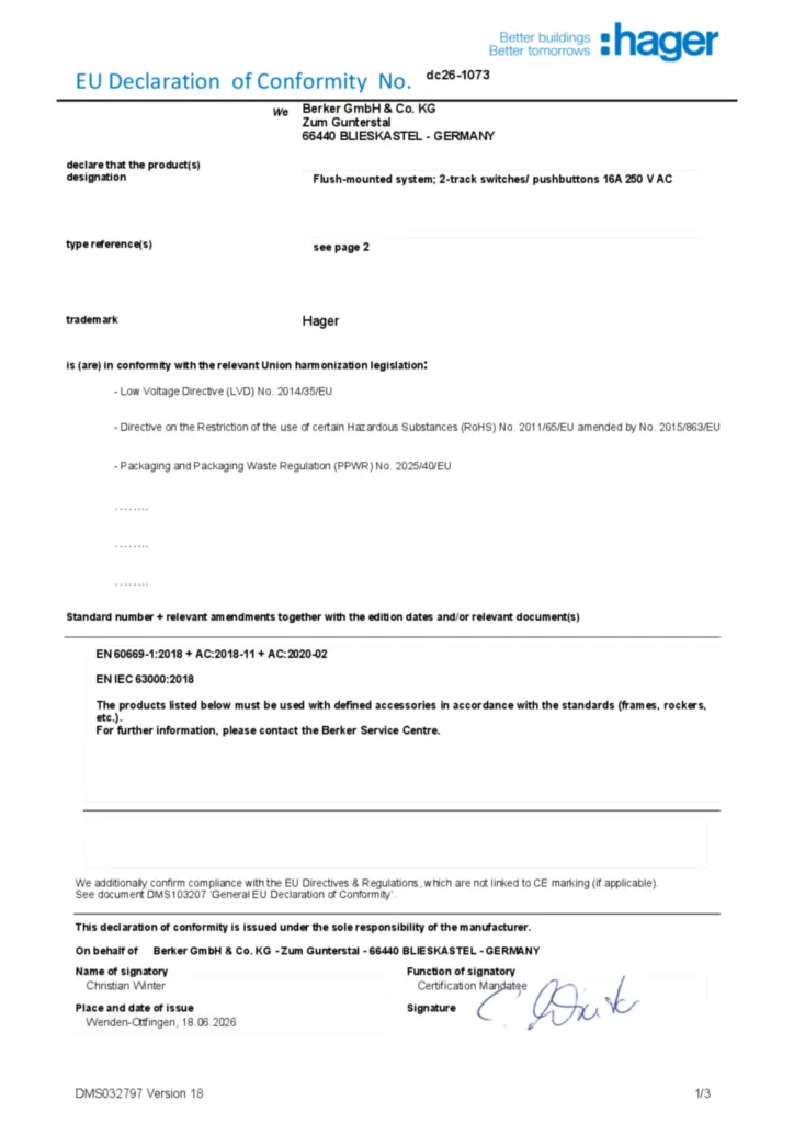 Immagine Dichiarazione di conformità en-GB 2026-07-21 | Hager Italia