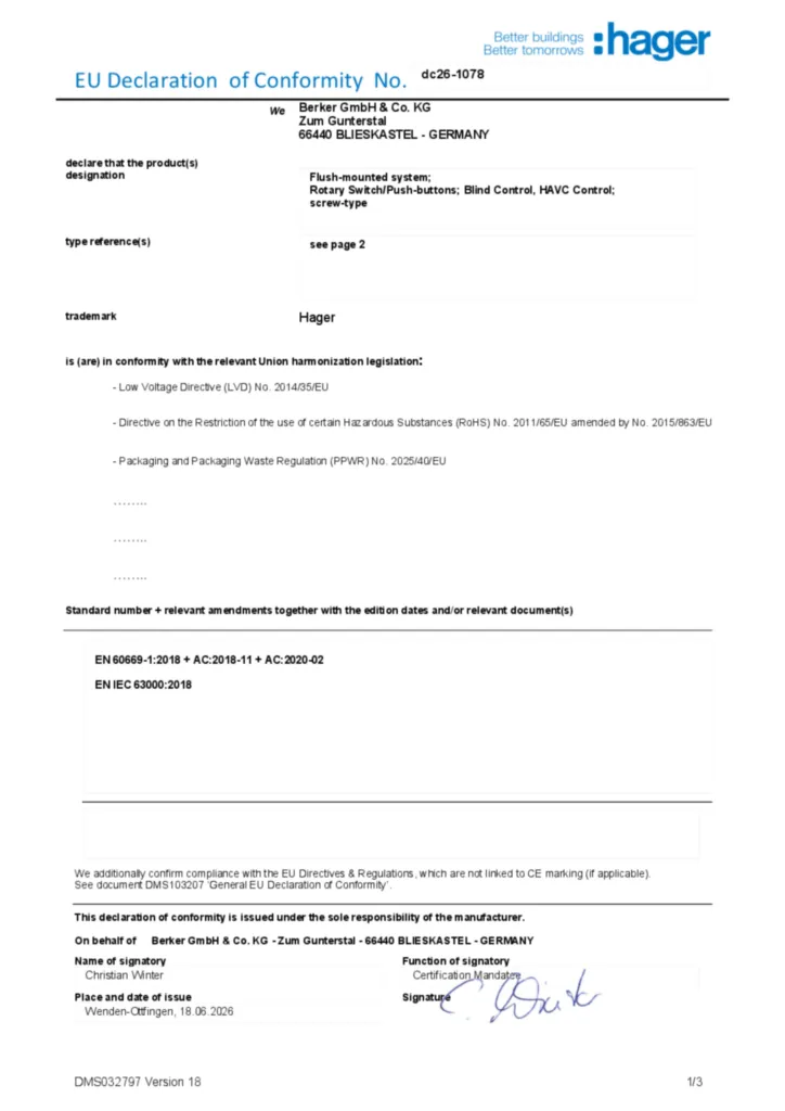Afbeelding Conformiteitsverklaring en-GB 2026-07-21 | Hager Belgium