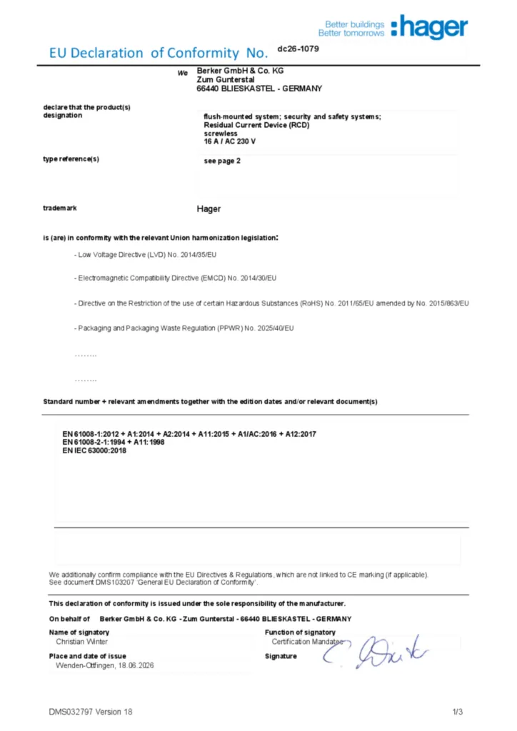 Immagine Dichiarazione di conformità en-GB 2026-07-21 | Hager Italia