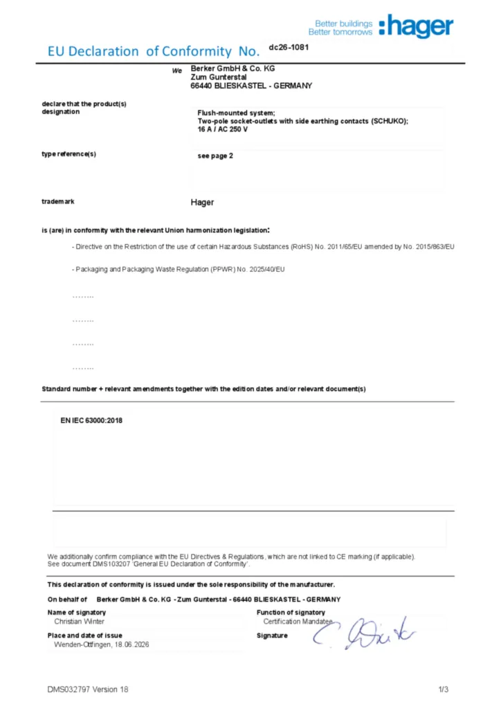 Imagem Declaração de conformidade en-GB 2026-07-21 | Hager Portugal