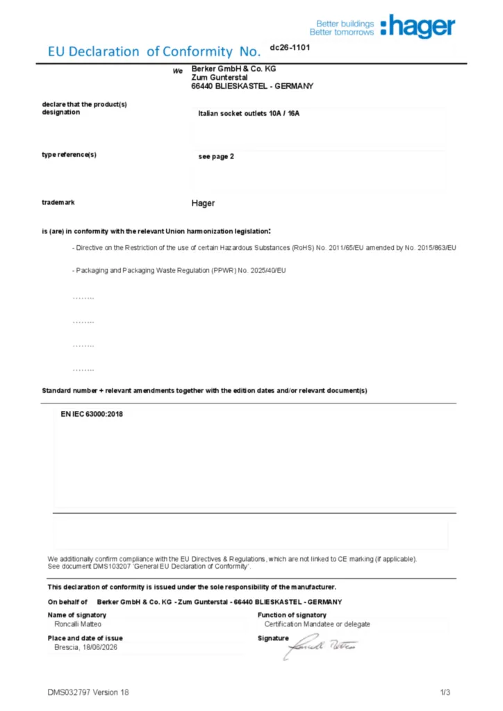 Immagine Dichiarazione di conformità en-GB 2026-07-21 | Hager Italia