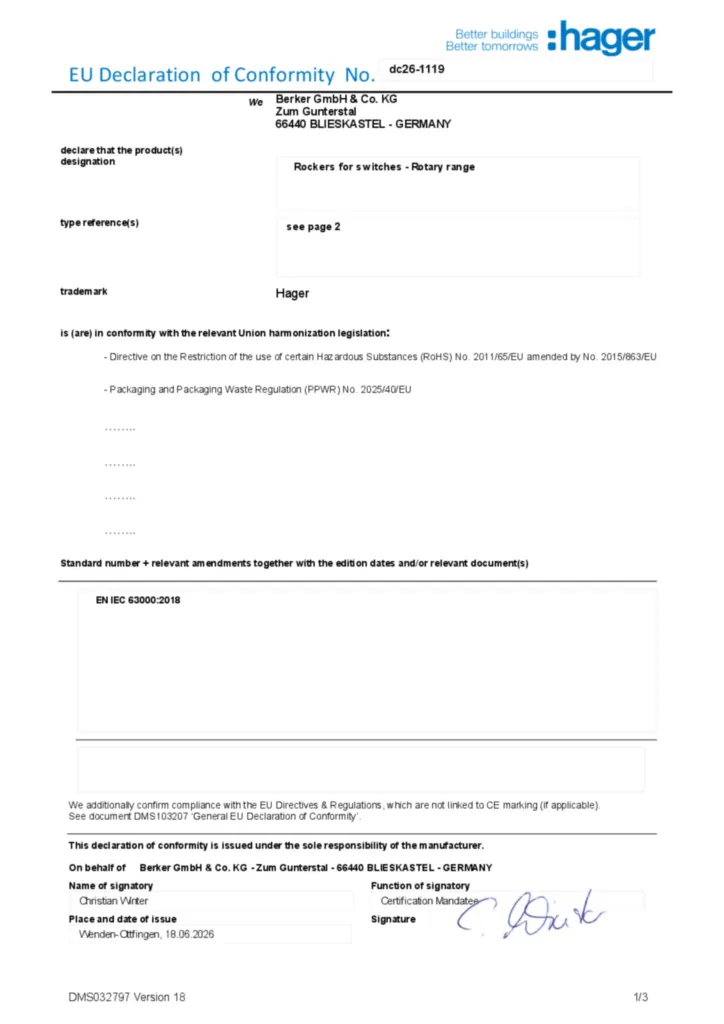 Immagine Dichiarazione di conformità en-GB 2026-07-21 | Hager Italia