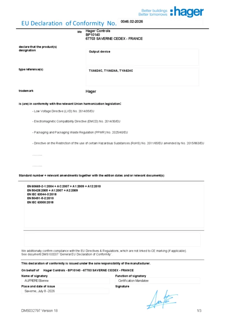 Afbeelding EU Declaration of Conformity | Hager Nederland
