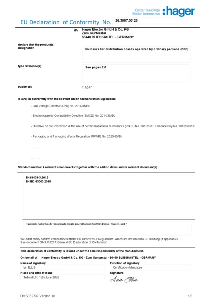 Zdjęcie Dane techniczne - Deklaracja zgodności en-GB 2026-07-22 | Hager Polska