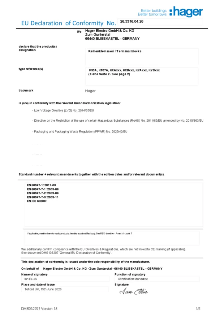 Zdjęcie Dane techniczne - Deklaracja zgodności en-GB 2026-07-22 | Hager Polska