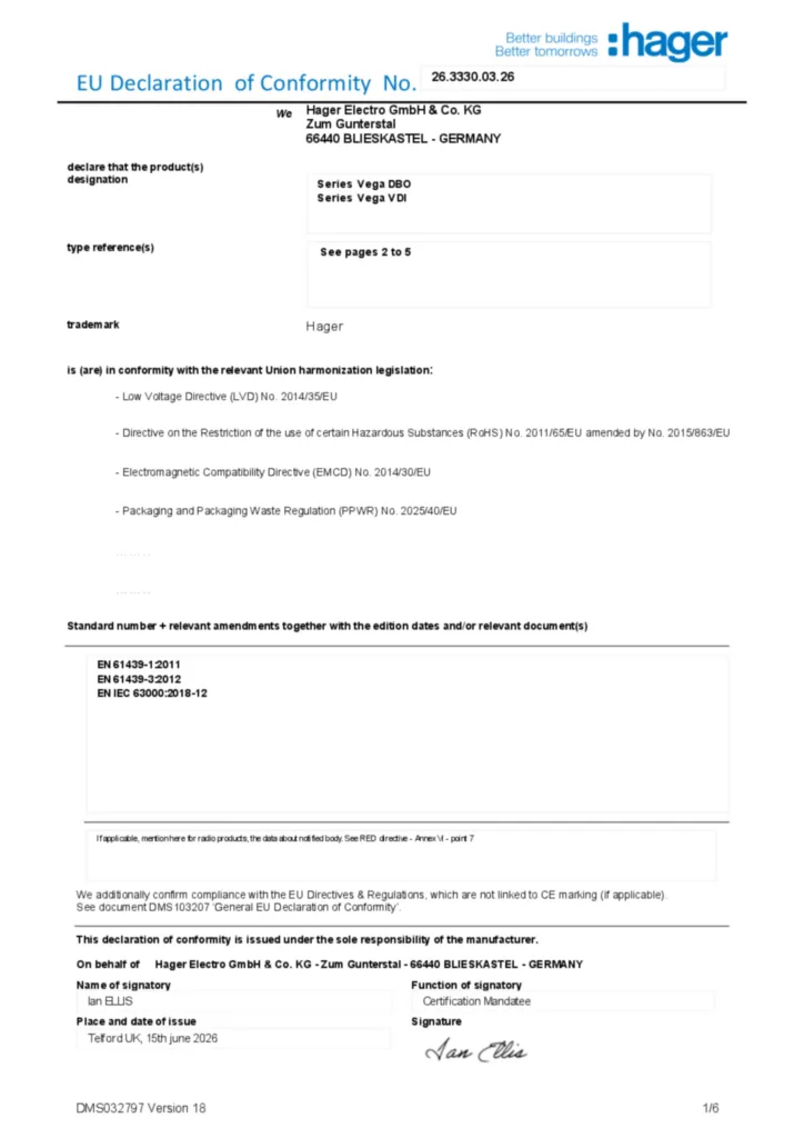 Afbeelding Conformiteitsverklaring en-GB 2026-07-22 | Hager Nederland
