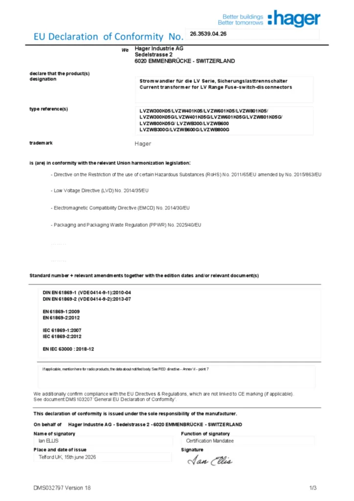 Afbeelding Conformiteitsverklaring en-GB 2026-07-22 | Hager Nederland