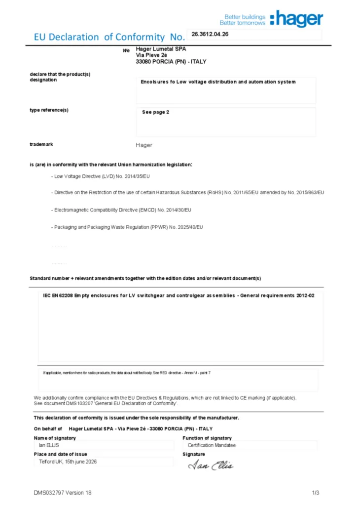 Immagine Dichiarazione di conformità en-GB 2026-07-22 | Hager Italia