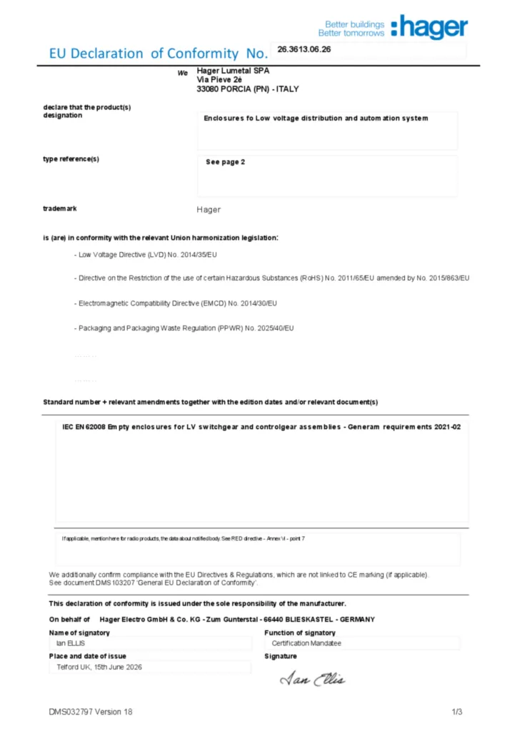 Imagem Declaração de conformidade en-GB 2026-07-22 | Hager Portugal