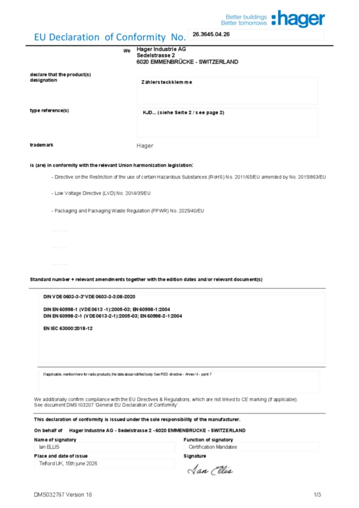 Bild Konformitätserklärung en-GB 2026-07-22 | Hager Schweiz