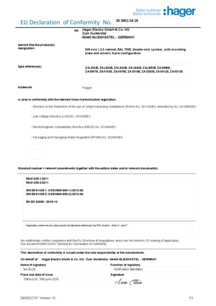 Afbeelding Conformiteitsverklaring en-GB 2026-07-22 | Hager Nederland