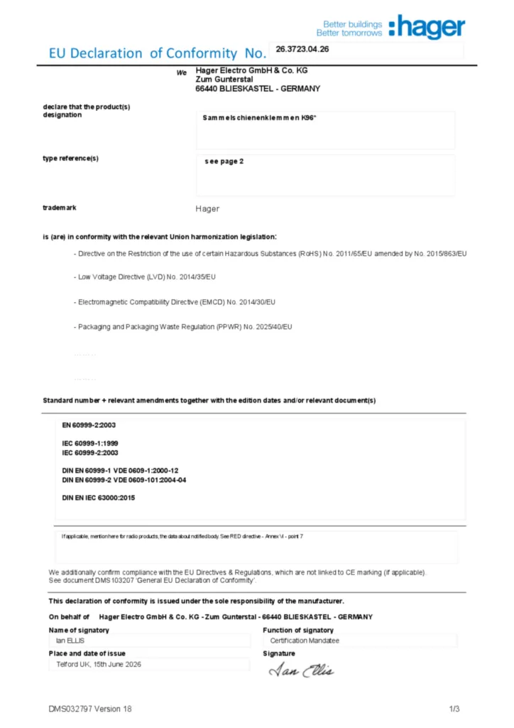 Afbeelding Conformiteitsverklaring en-GB 2026-07-22 | Hager Nederland