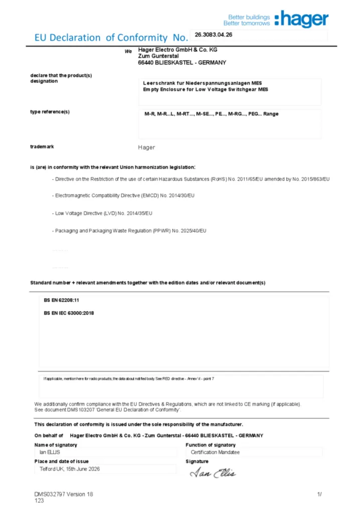 Bild Konformitätserklärung en-GB 2026-07-22 | Hager Schweiz