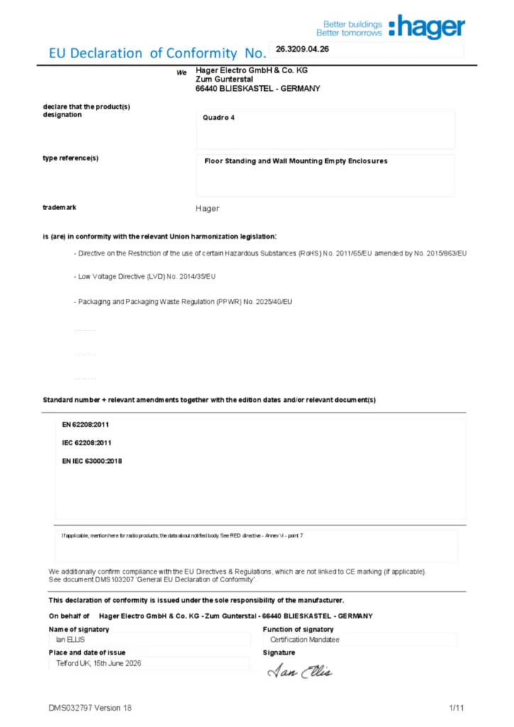 Afbeelding Conformiteitsverklaring en-GB 2026-07-22 | Hager Belgium