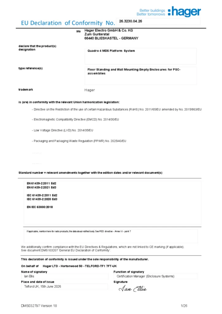 Imagem Declaração de conformidade en-GB 2026-07-22 | Hager Portugal