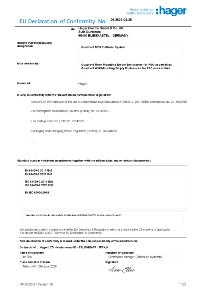 Imagem Declaração de conformidade en-GB 2026-07-22 | Hager Portugal
