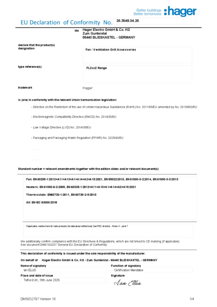 Immagine Dichiarazione di conformità en-GB 2026-07-22 | Hager Italia