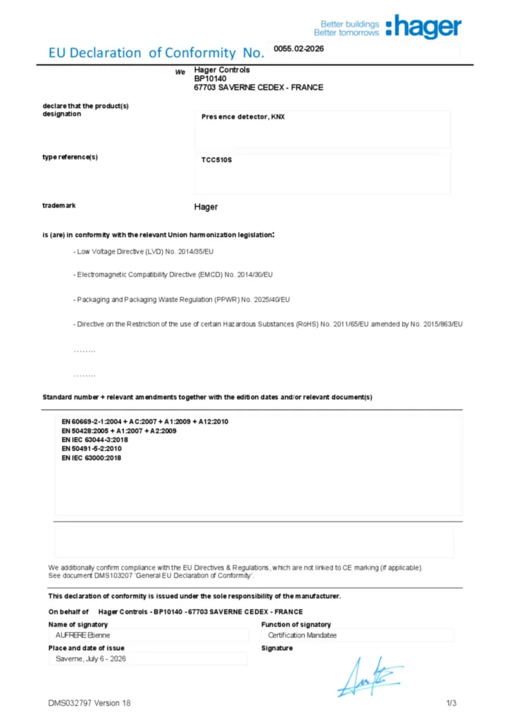 Zdjęcie EU Declaration of Conformity | Hager Polska