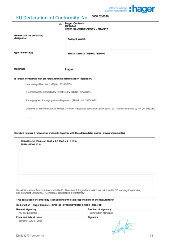 Zdjęcie EU Declaration of Conformity | Hager Polska