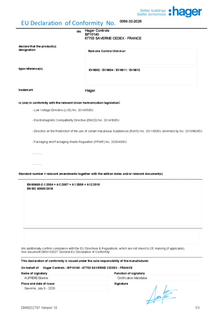 Imagem EU Declaration of Conformity | Hager Portugal