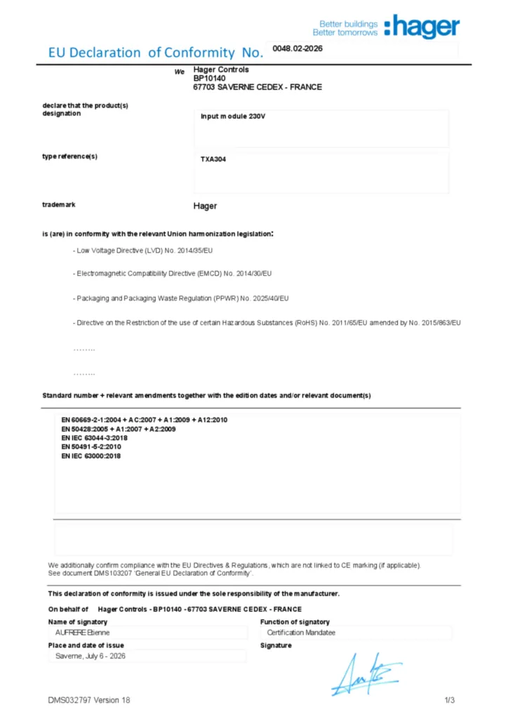 Image EU Declaration of Conformity | Hager Suisse