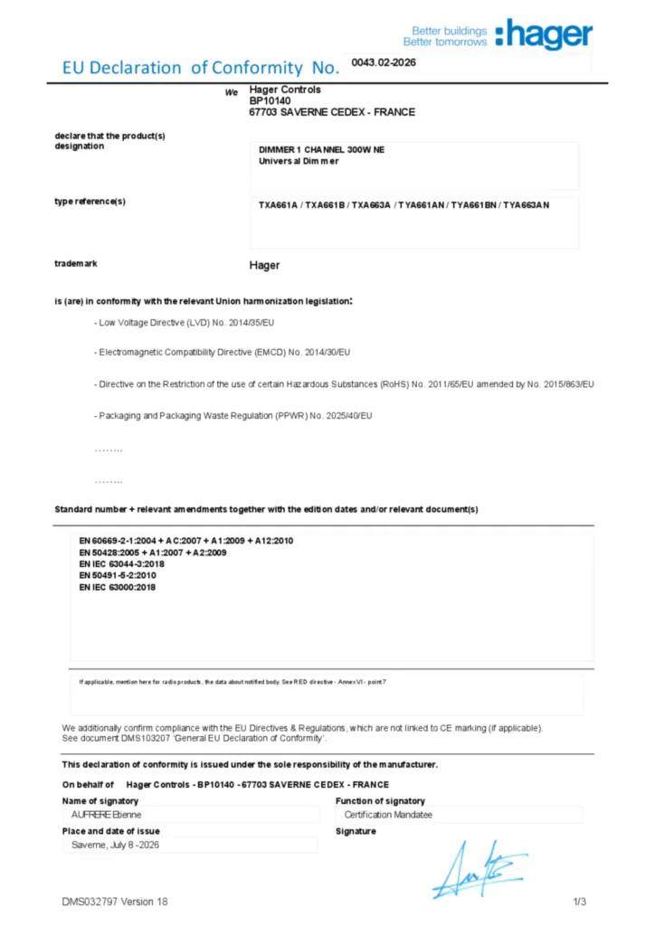 Afbeelding EU Declaration of Conformity | Hager Nederland