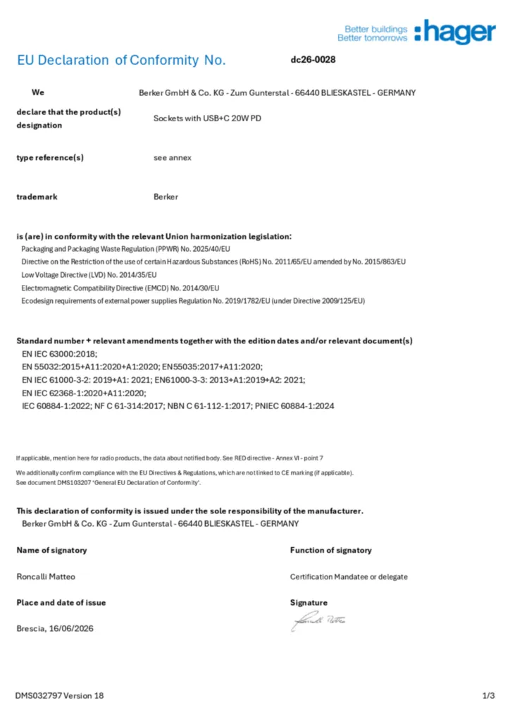 Zdjęcie Dane techniczne - Deklaracja zgodności en-GB 2026-07-29 | Hager Polska