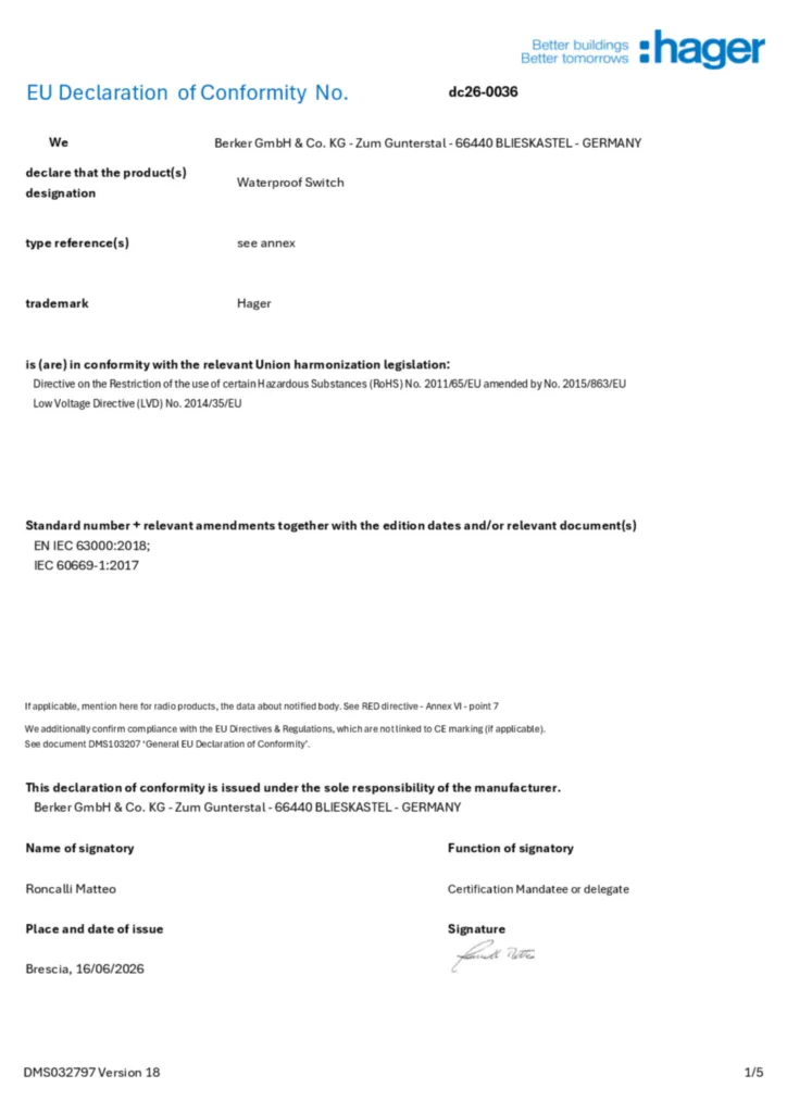 Zdjęcie Dane techniczne - Deklaracja zgodności en-GB 2026-07-29 | Hager Polska