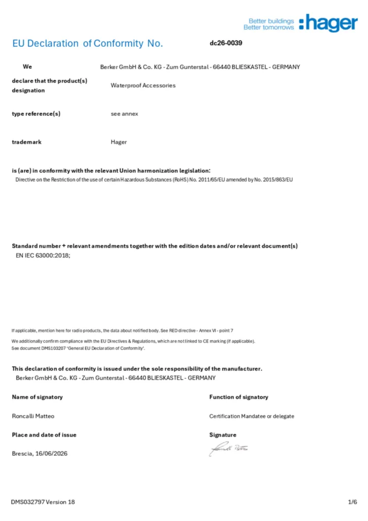 Zdjęcie Dane techniczne - Deklaracja zgodności en-GB 2026-07-29 | Hager Polska