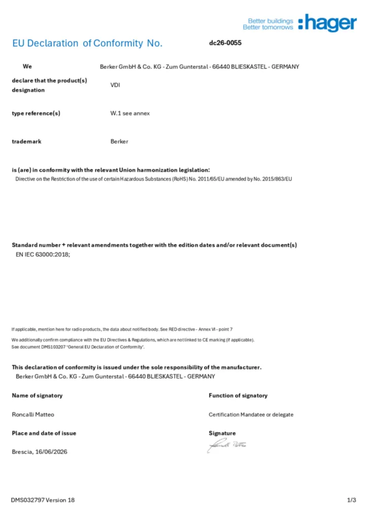 Zdjęcie Dane techniczne - Deklaracja zgodności en-GB 2026-07-29 | Hager Polska
