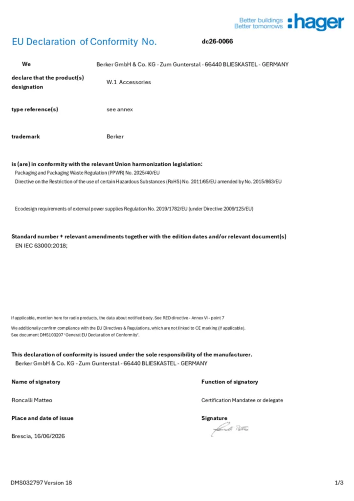 Immagine Dichiarazione di conformità en-GB 2026-07-29 | Hager Italia