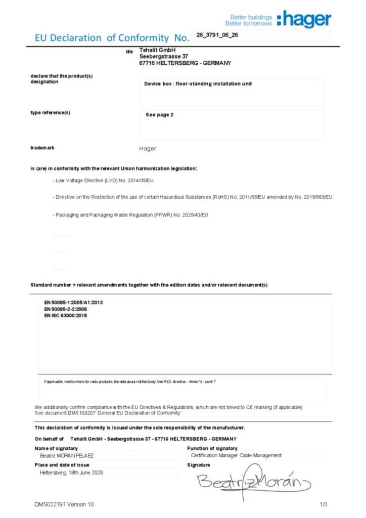 Afbeelding Conformiteitsverklaring en-GB 2026-08-07 | Hager Nederland