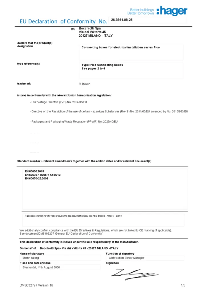 Immagine Dichiarazione di conformità en-GB 2026-08-14 | Hager Italia