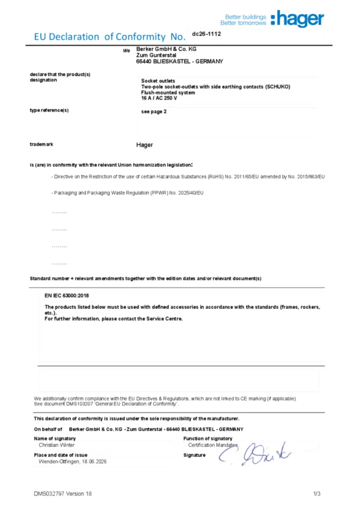 Immagine Dichiarazione di conformità en-GB 2026-08-24 | Hager Italia