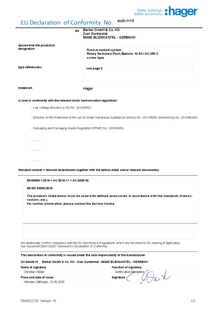 Afbeelding Conformiteitsverklaring en-GB 2026-08-24 | Hager Belgium