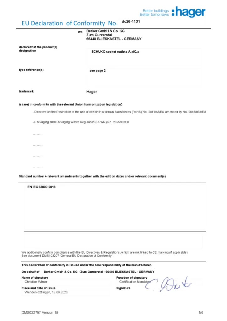Immagine Dichiarazione di conformità en-GB 2026-08-24 | Hager Italia