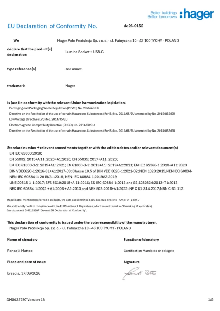 Zdjęcie Dane techniczne - Deklaracja zgodności en-GB 2026-08-24 | Hager Polska