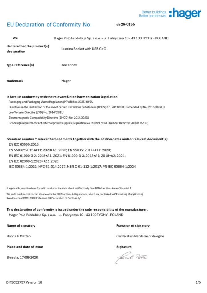 Zdjęcie Dane techniczne - Deklaracja zgodności en-GB 2026-08-24 | Hager Polska