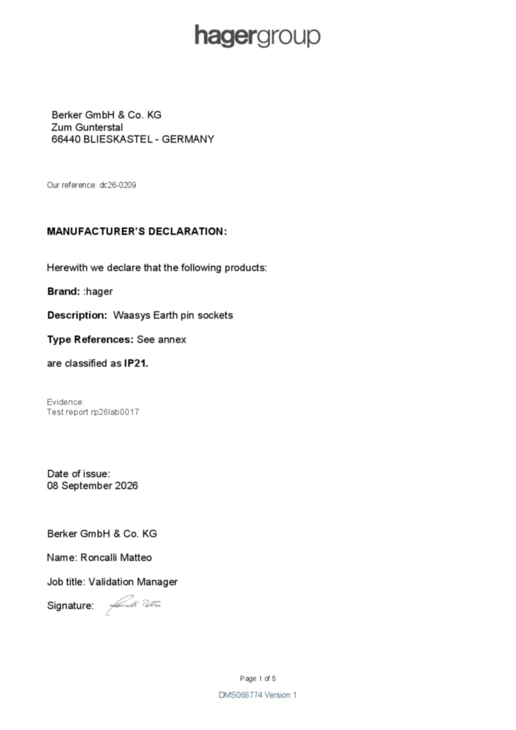 Immagine Dichiarazione di prestazione en-GB 2026-09-08 | Hager Italia