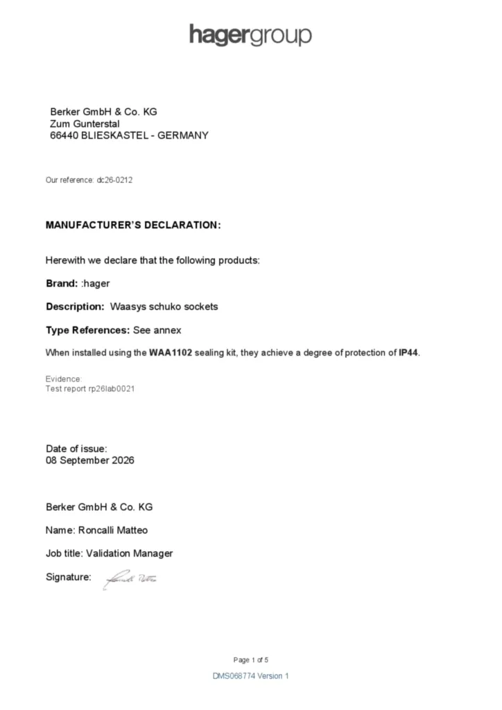Immagine Dichiarazione di prestazione en-GB 2026-09-08 | Hager Italia