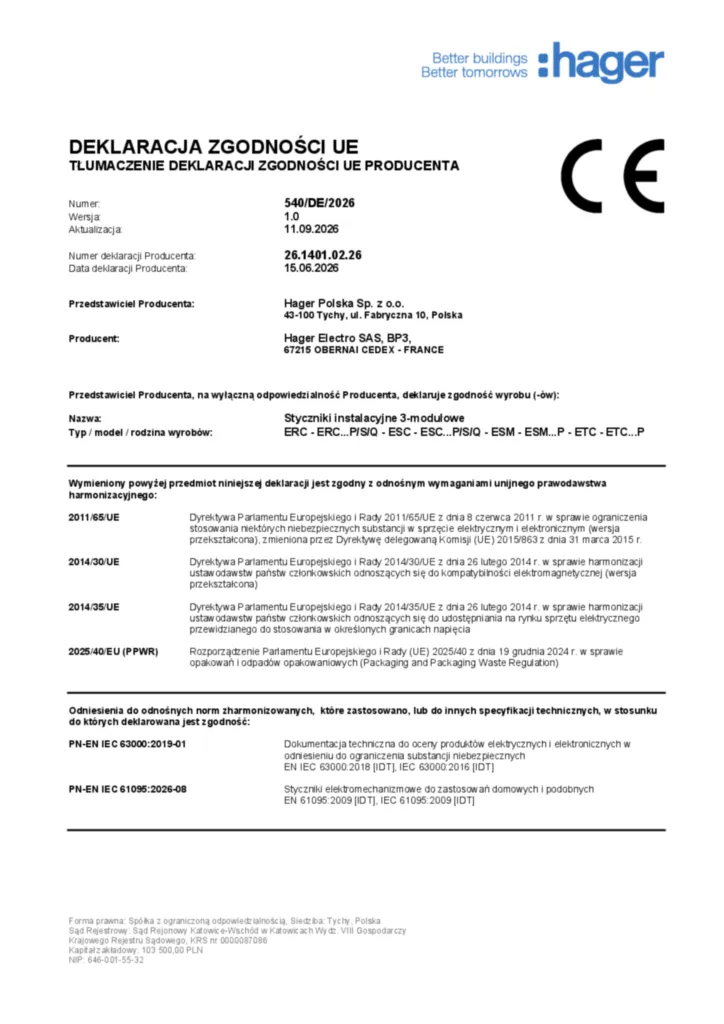 Immagine Dichiarazione di conformità pl-PL 2026-09-11 | Hager Italia