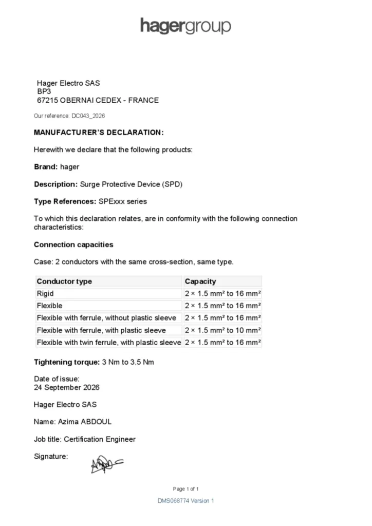 Afbeelding Surge Protective Device Declaration | Hager Nederland