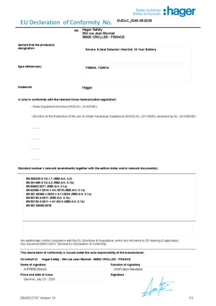 Afbeelding EU Declaration of Conformity | Hager Belgium