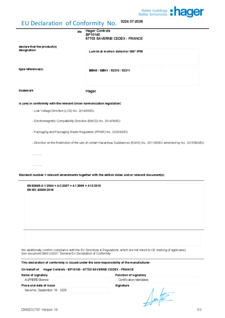 Bild EU Declaration of Conformity | Hager Deutschland