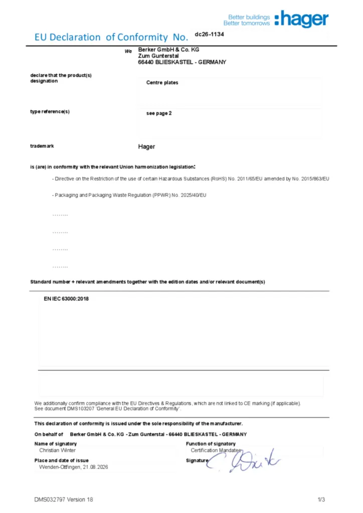 Immagine Dichiarazione di conformità en-GB 2026-09-29 | Hager Italia