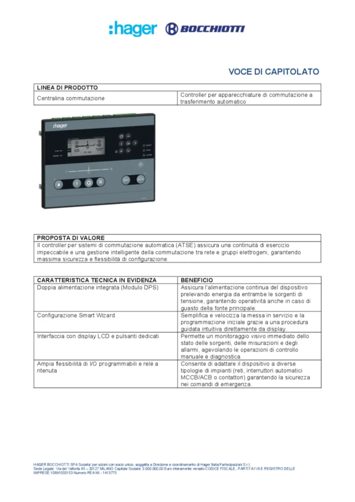 Immagine Voce di capitolato centralina commutazione HZI855 | Hager Italia