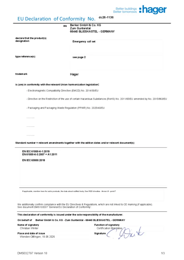 Imagem Declaração de conformidade en-GB 2026-10-05 | Hager Portugal