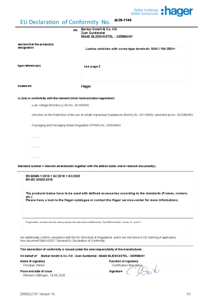 Imagem Declaração de conformidade en-GB 2026-10-05 | Hager Portugal