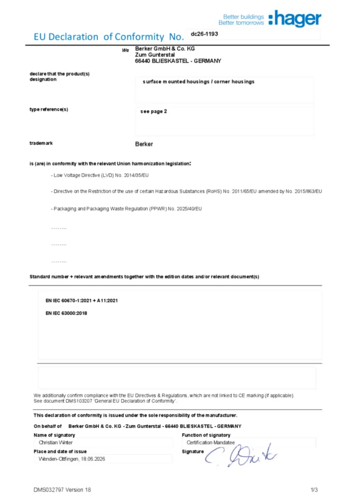 Afbeelding Conformiteitsverklaring en-GB 2026-10-08 | Hager Nederland